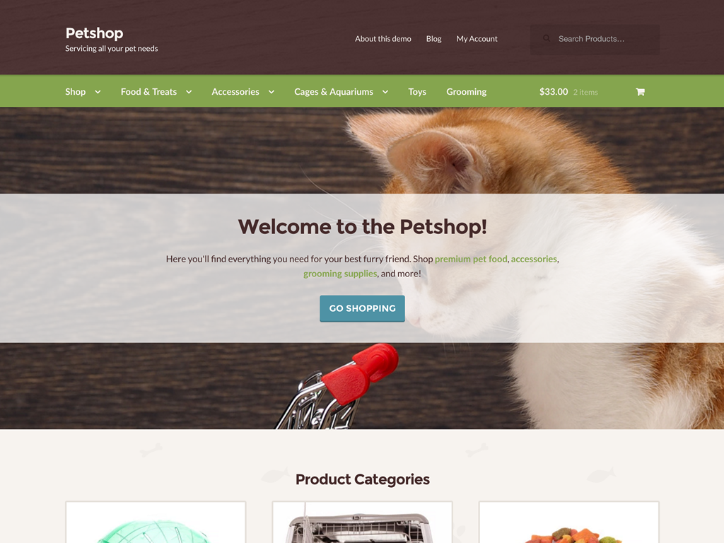 Petshop, um dos nossos temas infantis mais recentes, deixa qualquer loja WooCommerce pronta para compradores de suprimentos para animais de estimação em um instante.