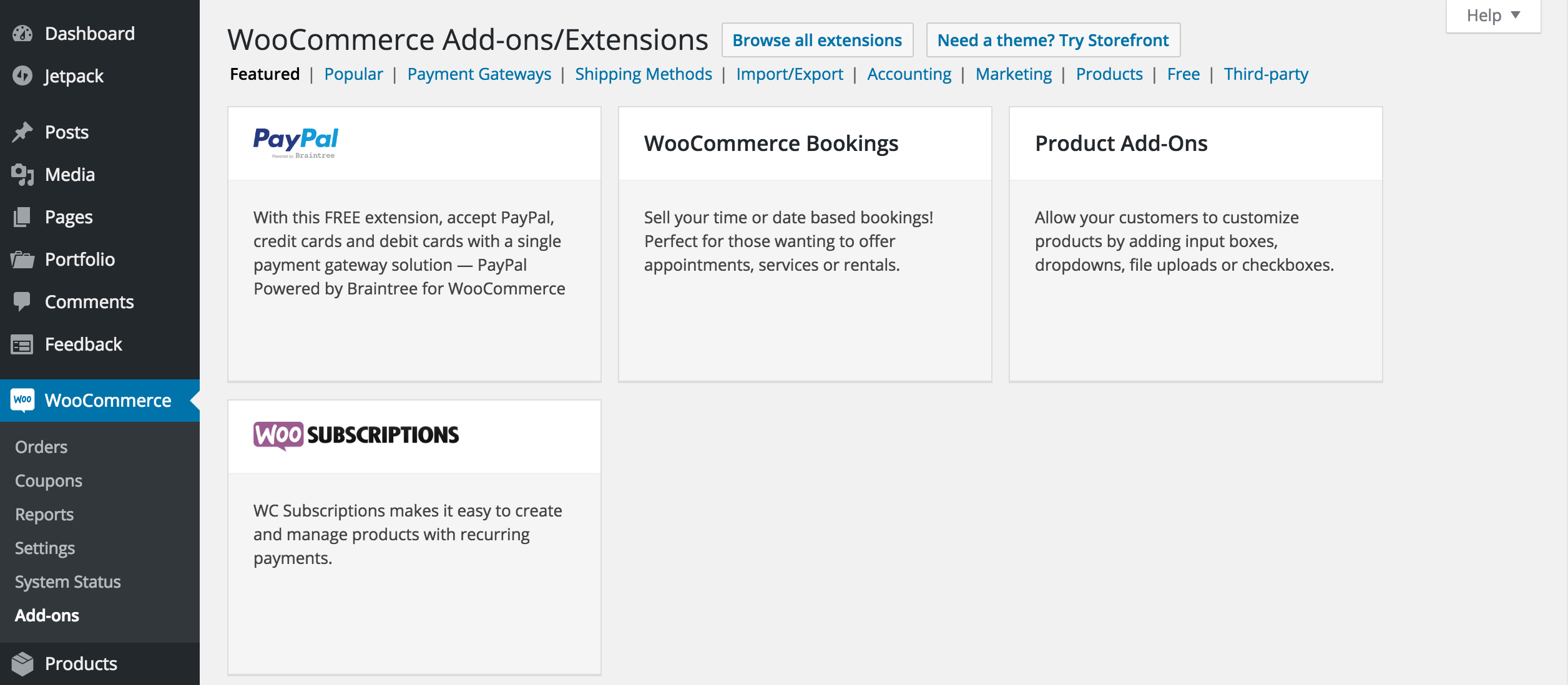 Adicione esses gateways de pagamento e outros na tela WooCommerce Add-Ons.
