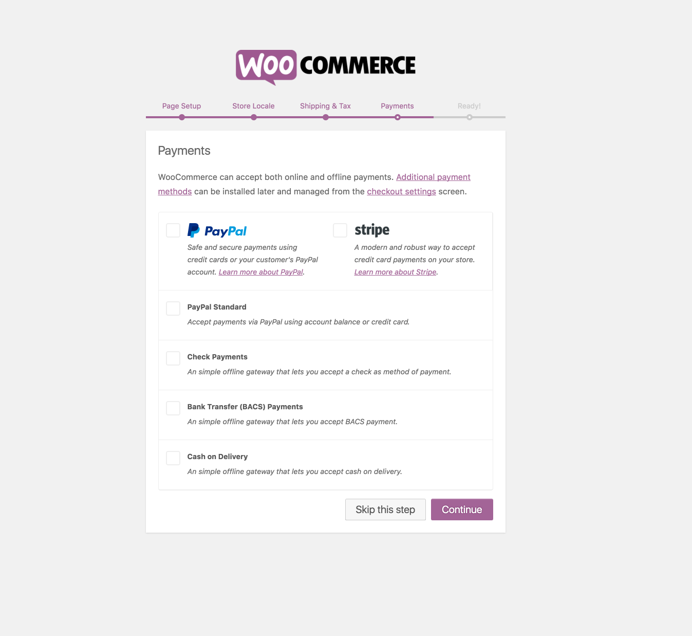 Novas opções de pagamento agora são apresentadas no assistente de integração do WooCommerce.