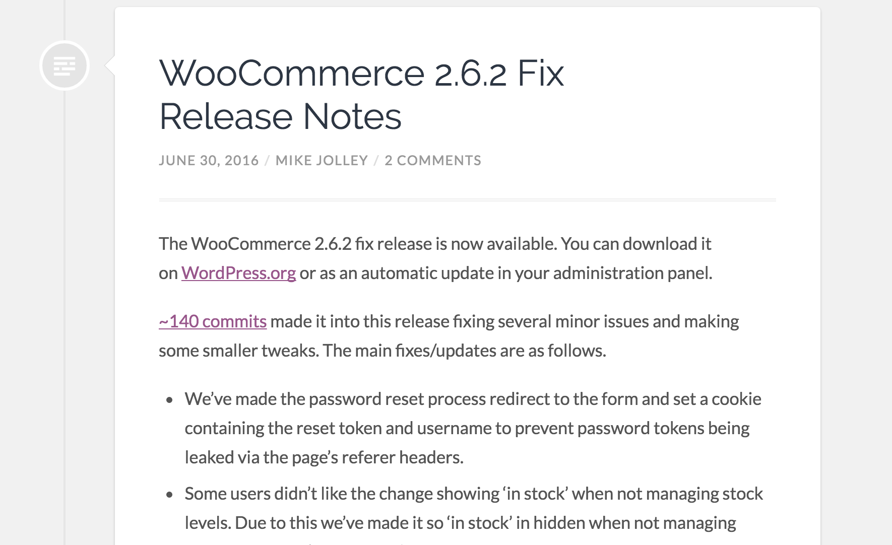 최근 2.6.2 수정 릴리스와 같은 업데이트를 통해 WooCommerce와 귀하를 안전하게 보호하세요.