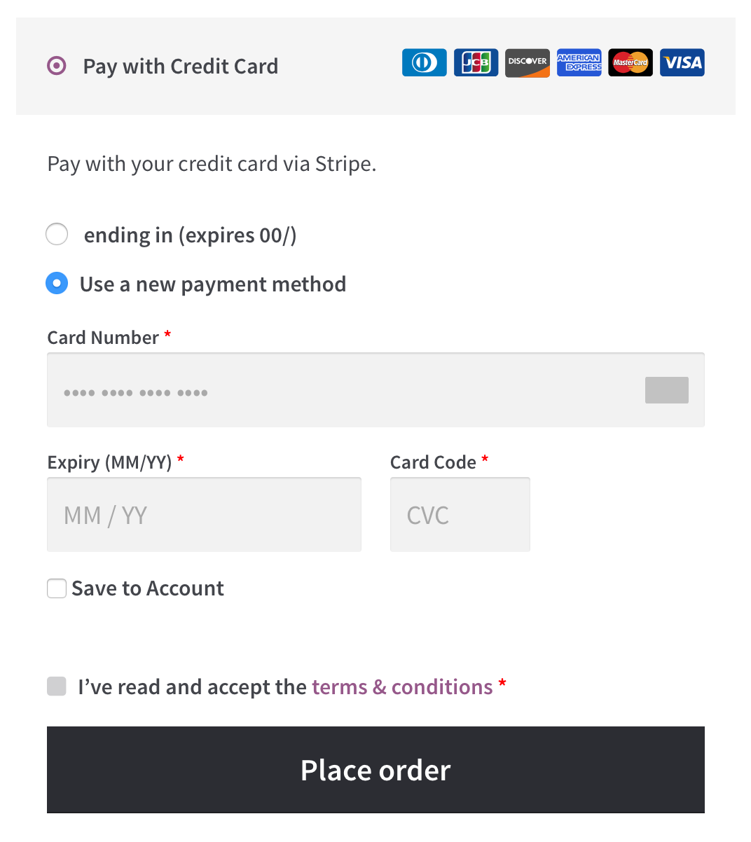 这些是客户在安装并使用 Stripe 后在您的商店完成购买时可能会看到的字段。