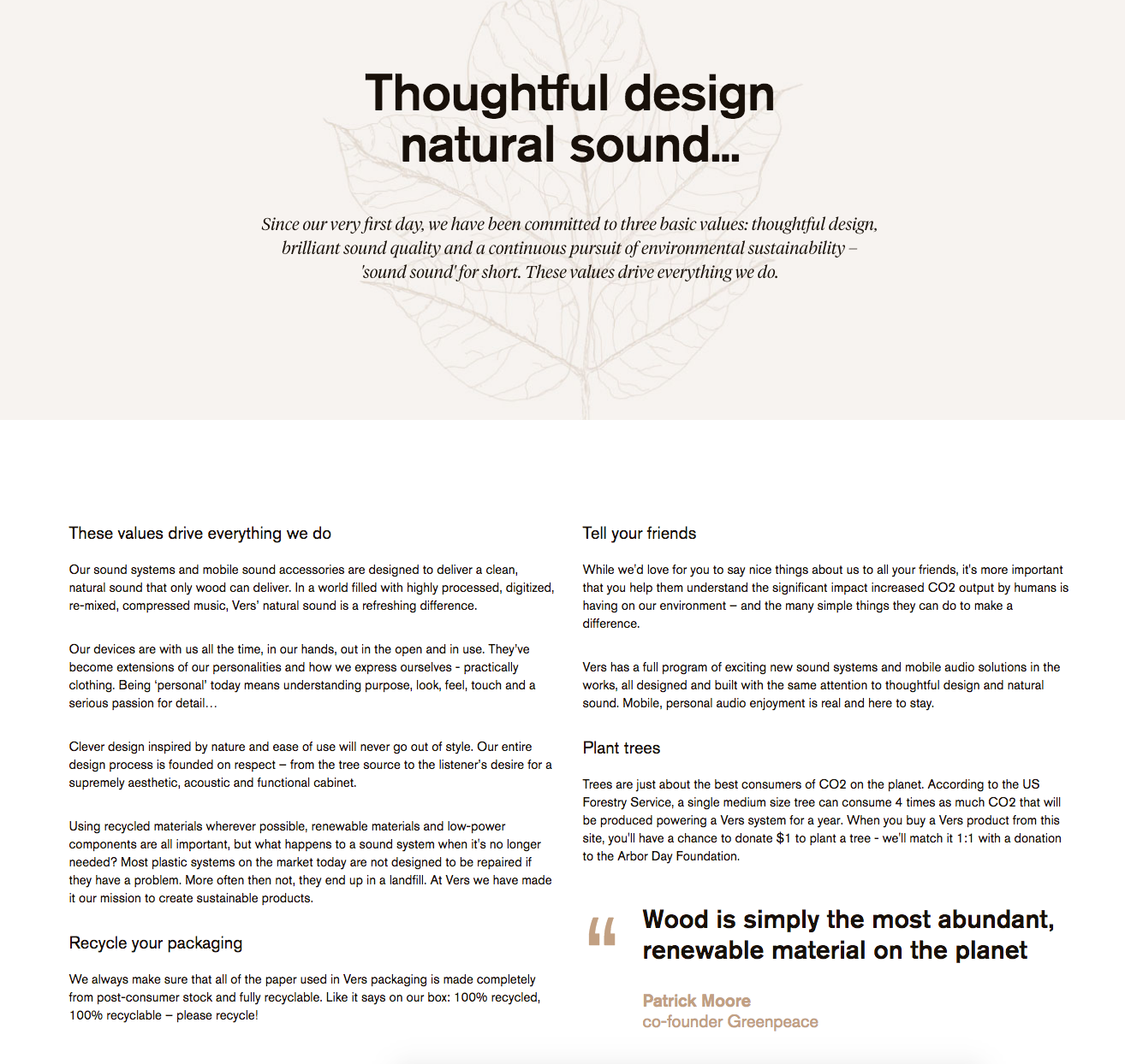 O design da página até se presta à mensagem de sustentabilidade e design ecologicamente correto e práticas da empresa, o que é um toque adorável.