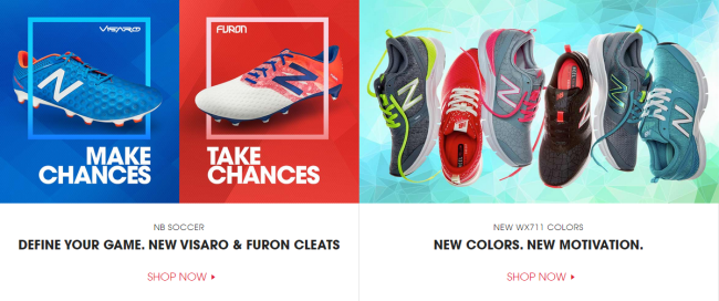 New Balance 웹사이트의 두 가지 제품 중심 섹션.
