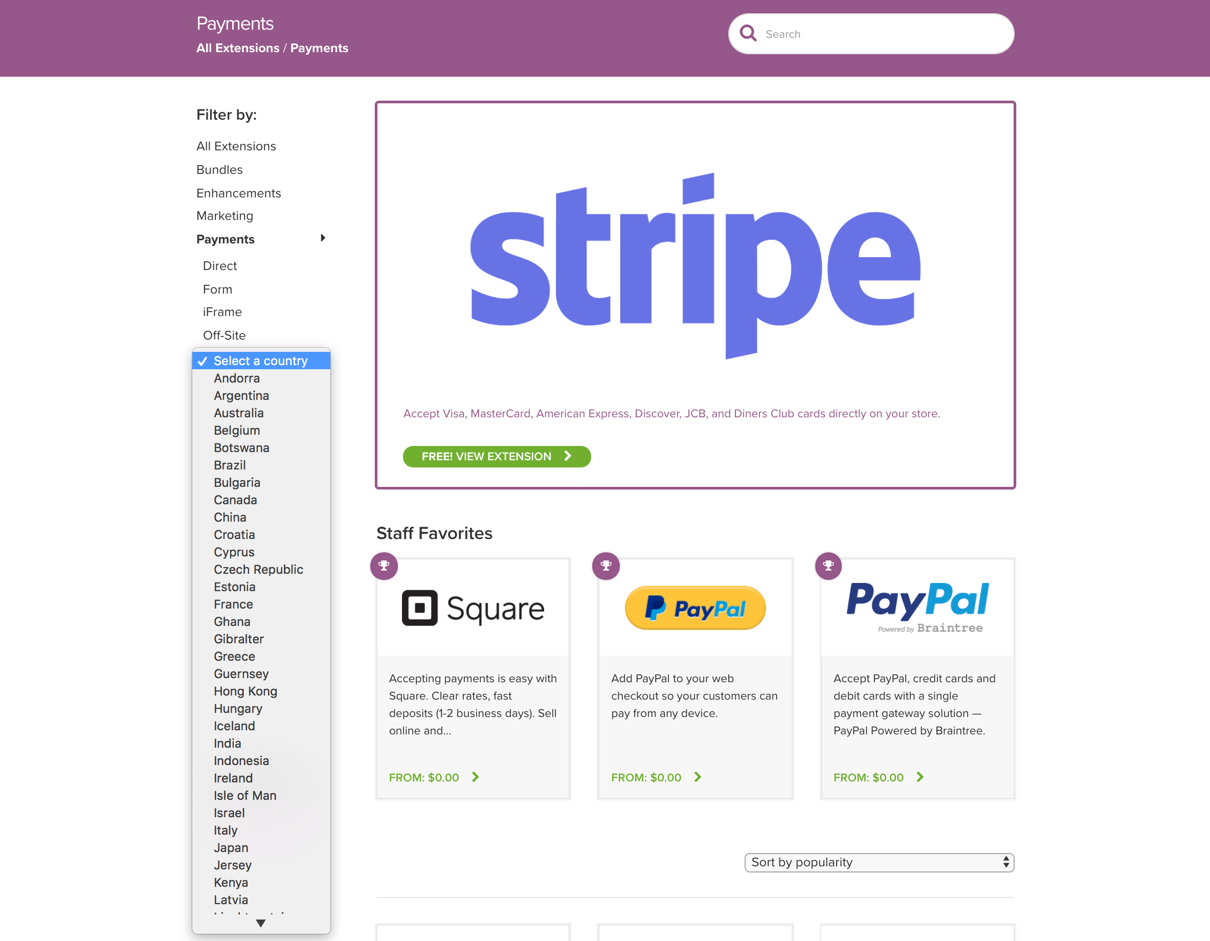 Estensioni di pagamento WooCommerce.com con filtro per paese