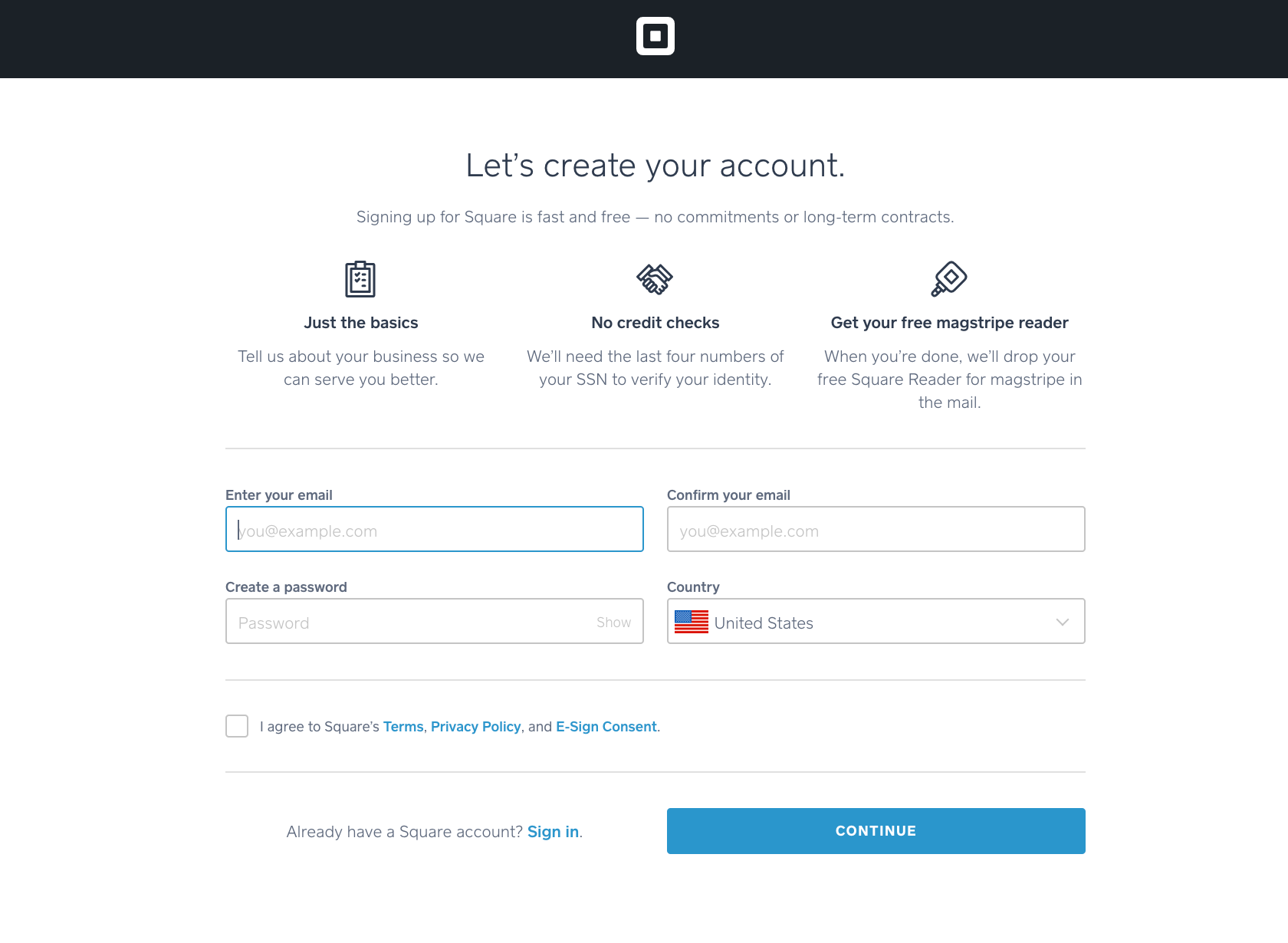 Registrati per il tuo account Square gratuito, quindi rimani connesso a Square durante l'installazione del tuo plug-in WooCommerce Square