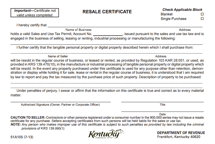 Un esempio di certificato di rivendita del Kentucky