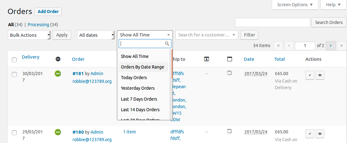 Una vista della schermata del plug-in del filtro dell'intervallo di date di Woo Orders