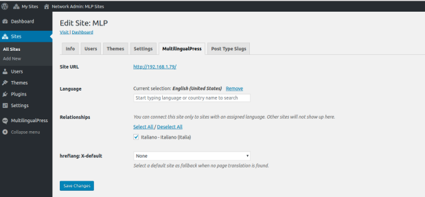 Pozycja menu Witryny w WP Admin po zainstalowaniu MultilingualPress