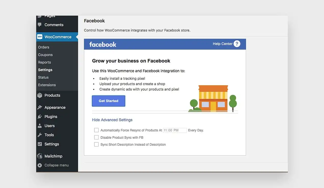 WPAdminのWooCommerce画面のFacebookのスクリーンショット。