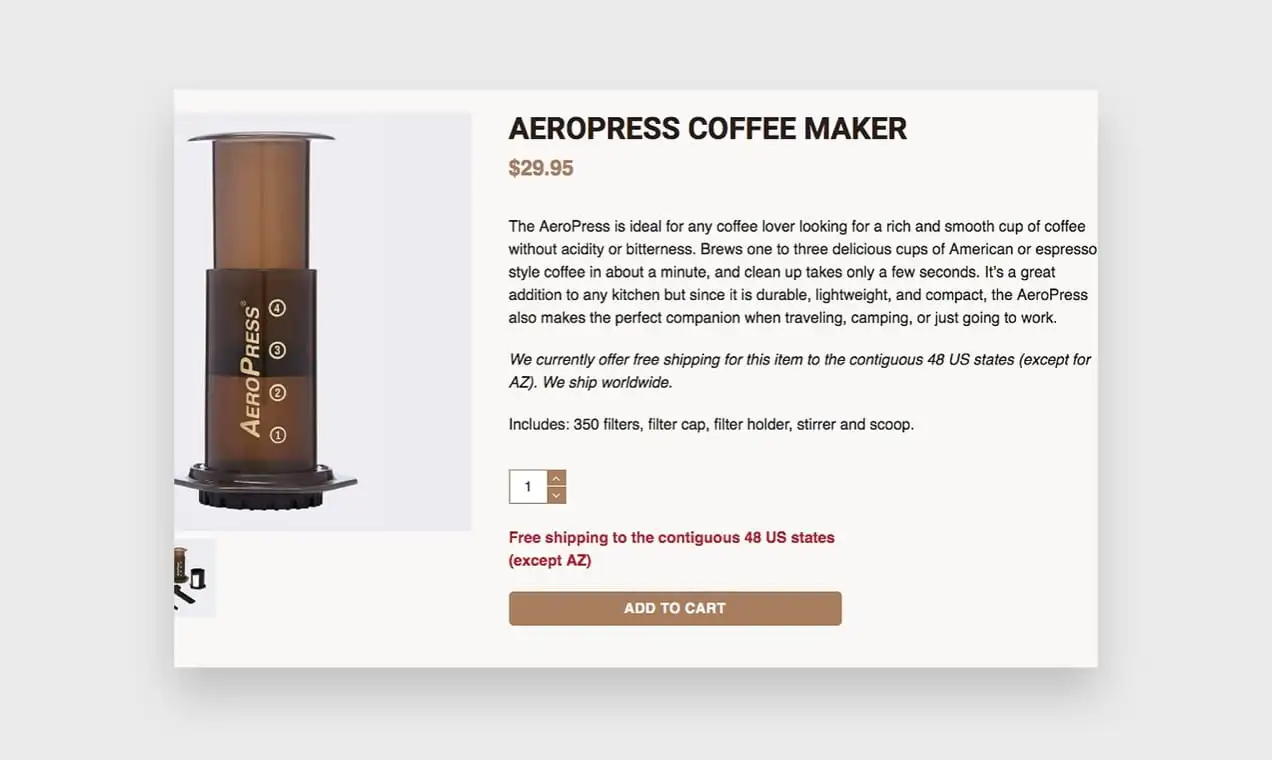 สกรีนช็อตจากเว็บไซต์ Aeropress ซึ่งสาธิตวิธีเขียนคำอธิบายผลิตภัณฑ์ที่ดี