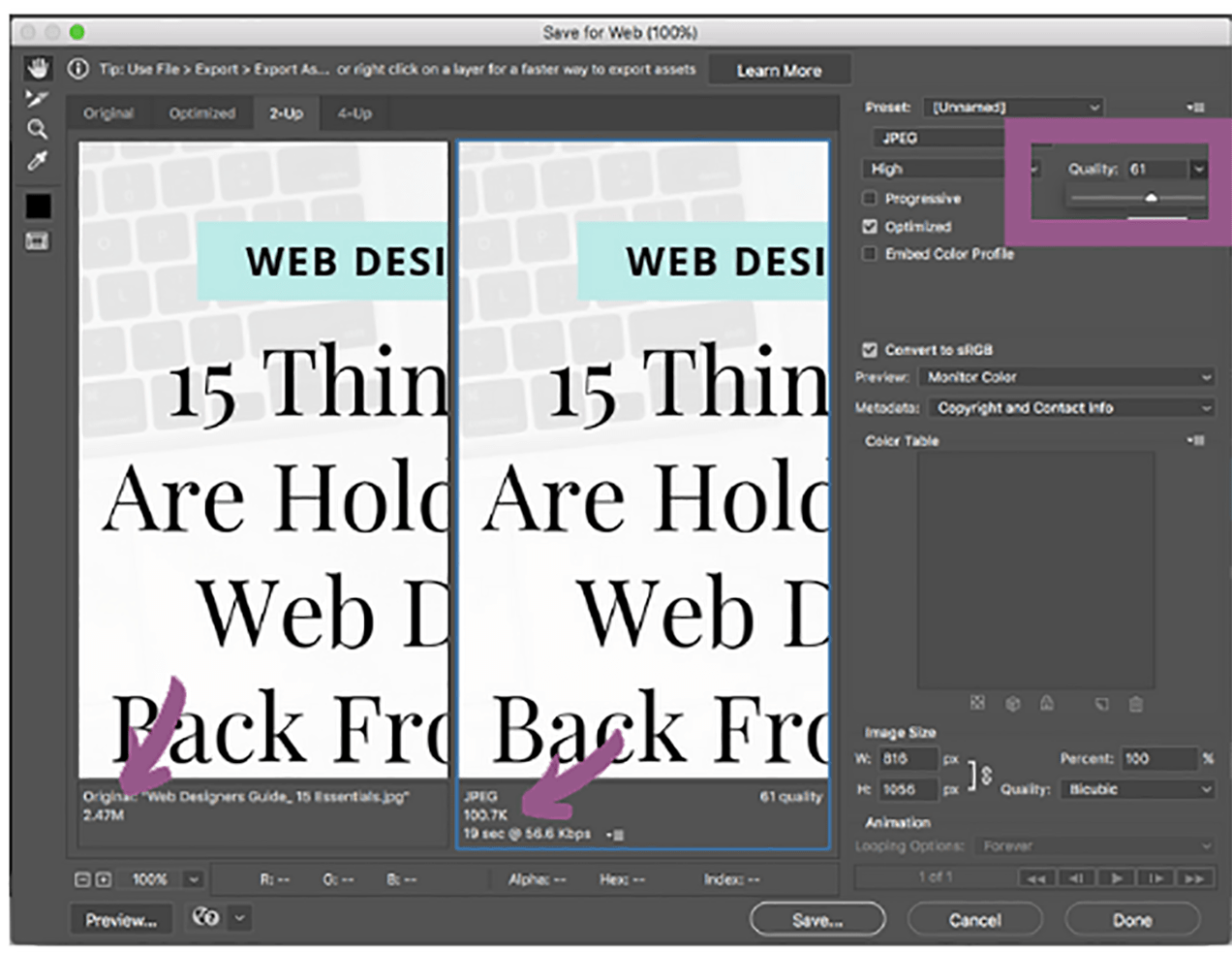 Photoshopの画質トグルバーでは、品質が低くなるほど、ファイルサイズが小さくなります。