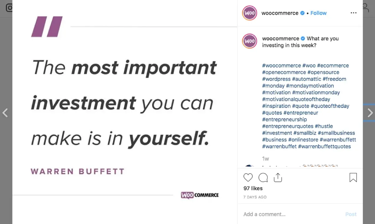 Zrzut ekranu z Instagrama WooCommerce przedstawiający motywacyjny cytat.