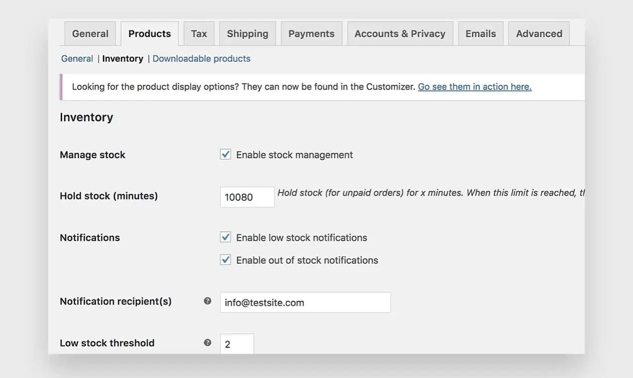 สกรีนช็อตของการตั้งค่าสินค้าคงคลังของ WooCommerce