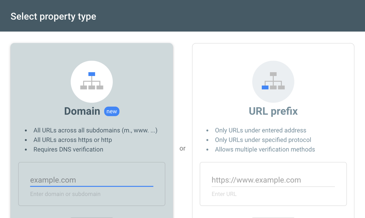 Zrzut ekranu typów nieruchomości dostępnych w Google Search Console