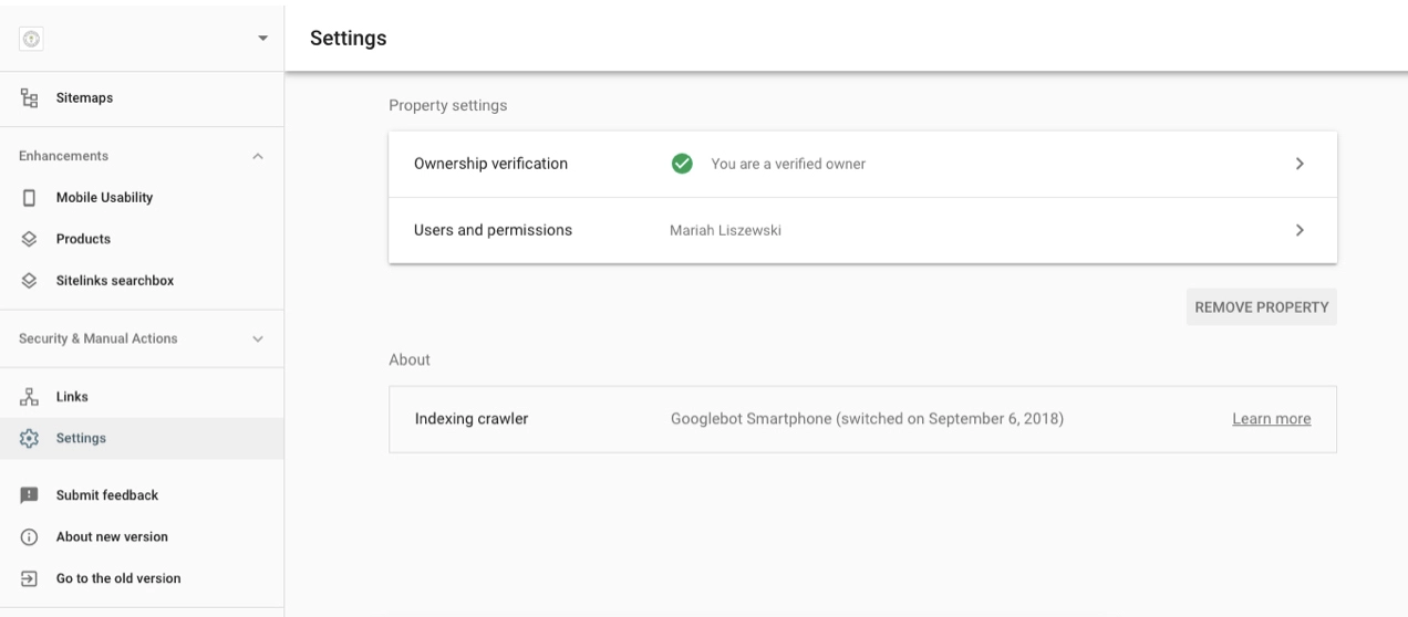 zrzut ekranu strony weryfikacji właściciela w Google Search Console