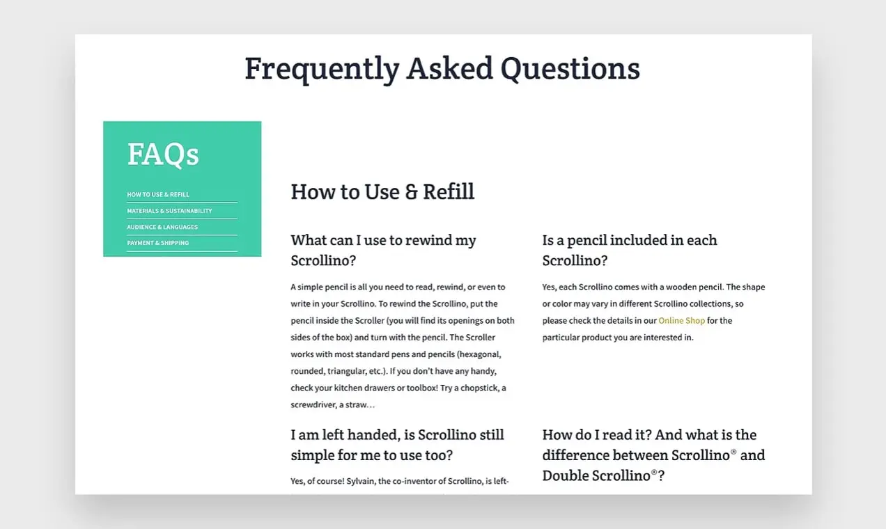 분류된 질문이 있는 Scrollino의 FAQ 페이지 스크린샷