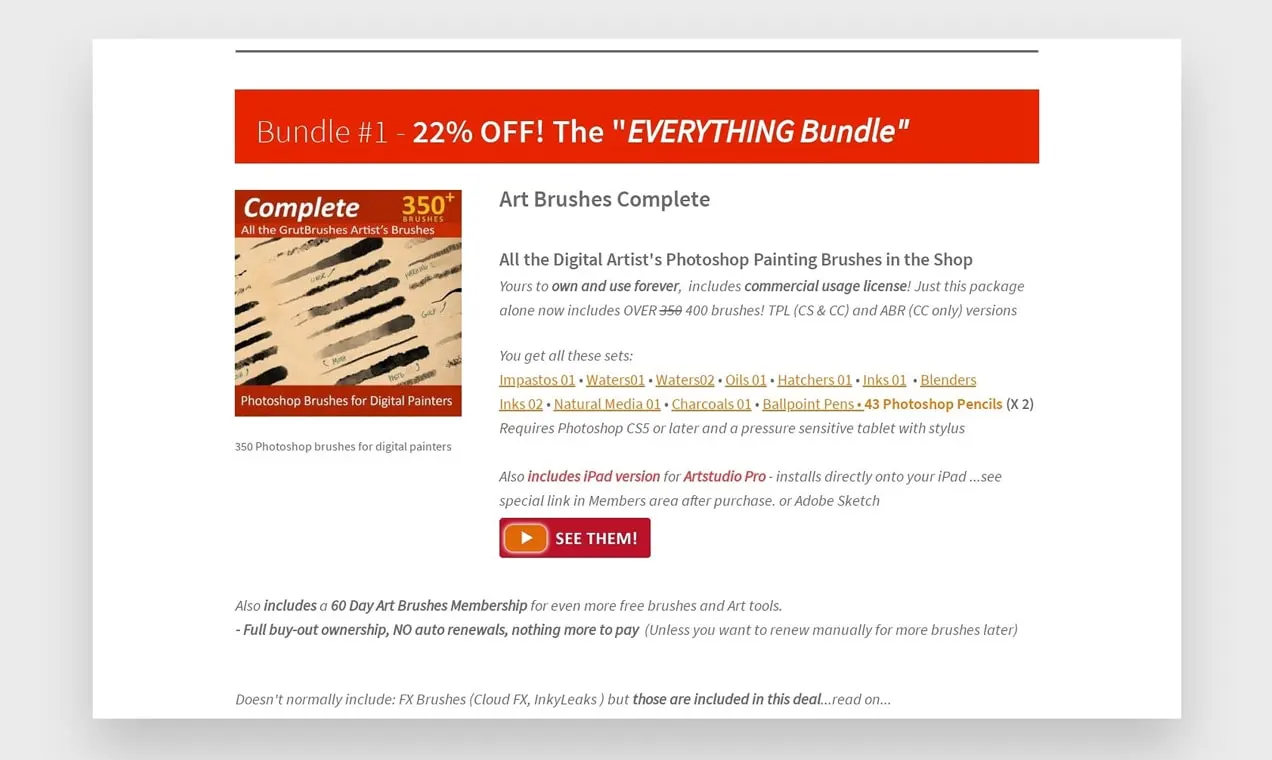 Zrzut ekranu Grut Brushes korzystających z członkostwa WooCommerce