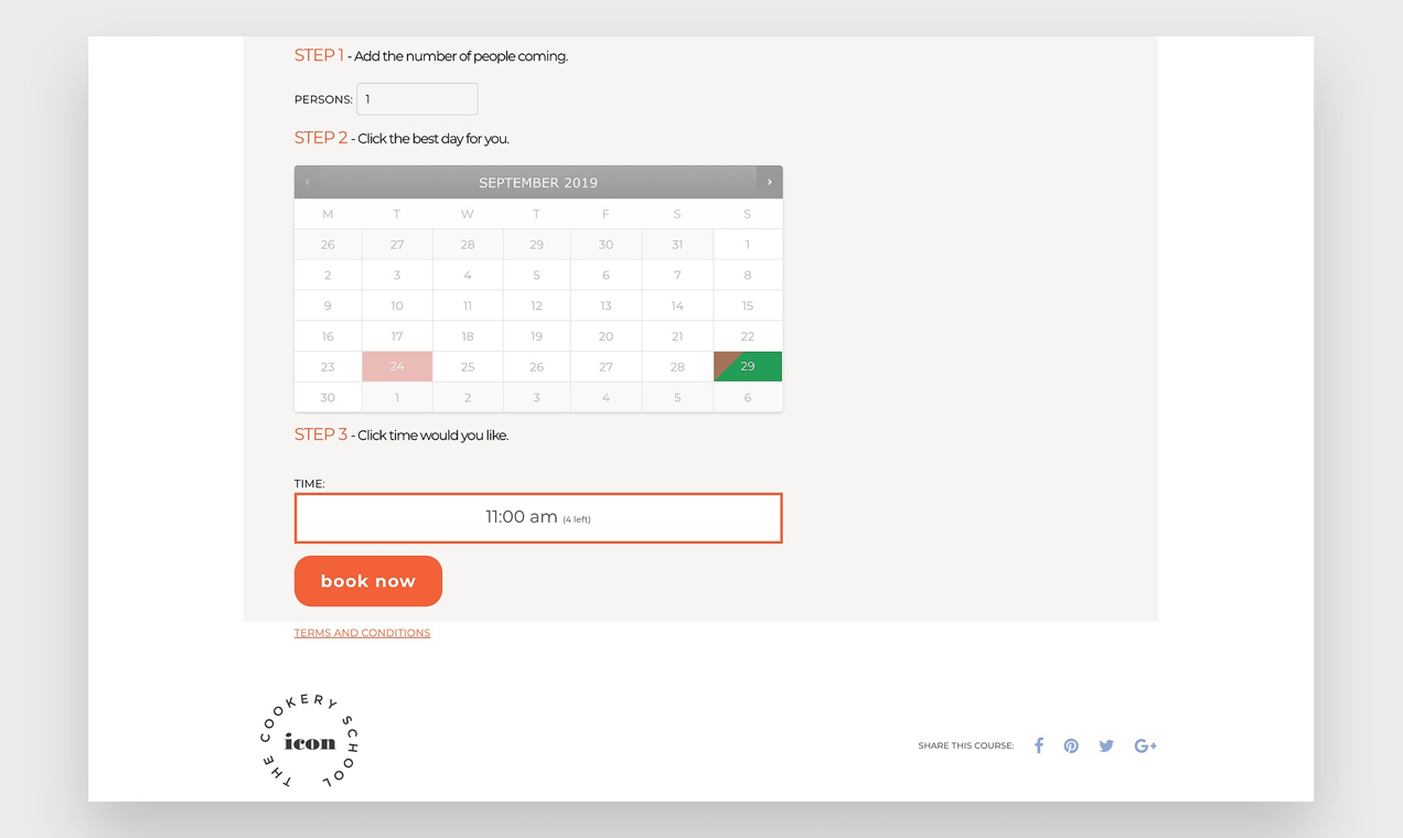 captura de tela de um calendário de reservas com horários disponíveis na Icon Cookery School