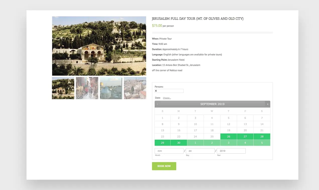 captura de tela de um calendário de reservas no site do Visit Palestine