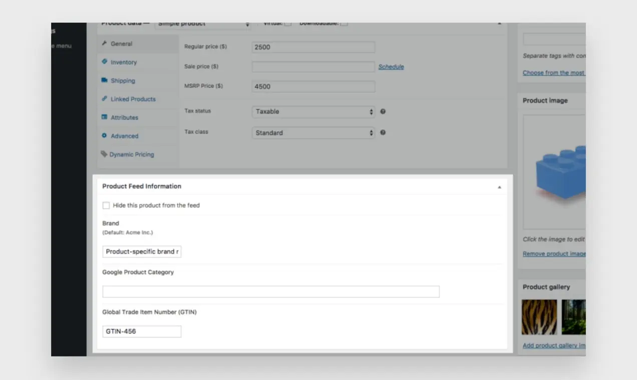 Zrzut ekranu informacji z kanału produktów Google w WordPress