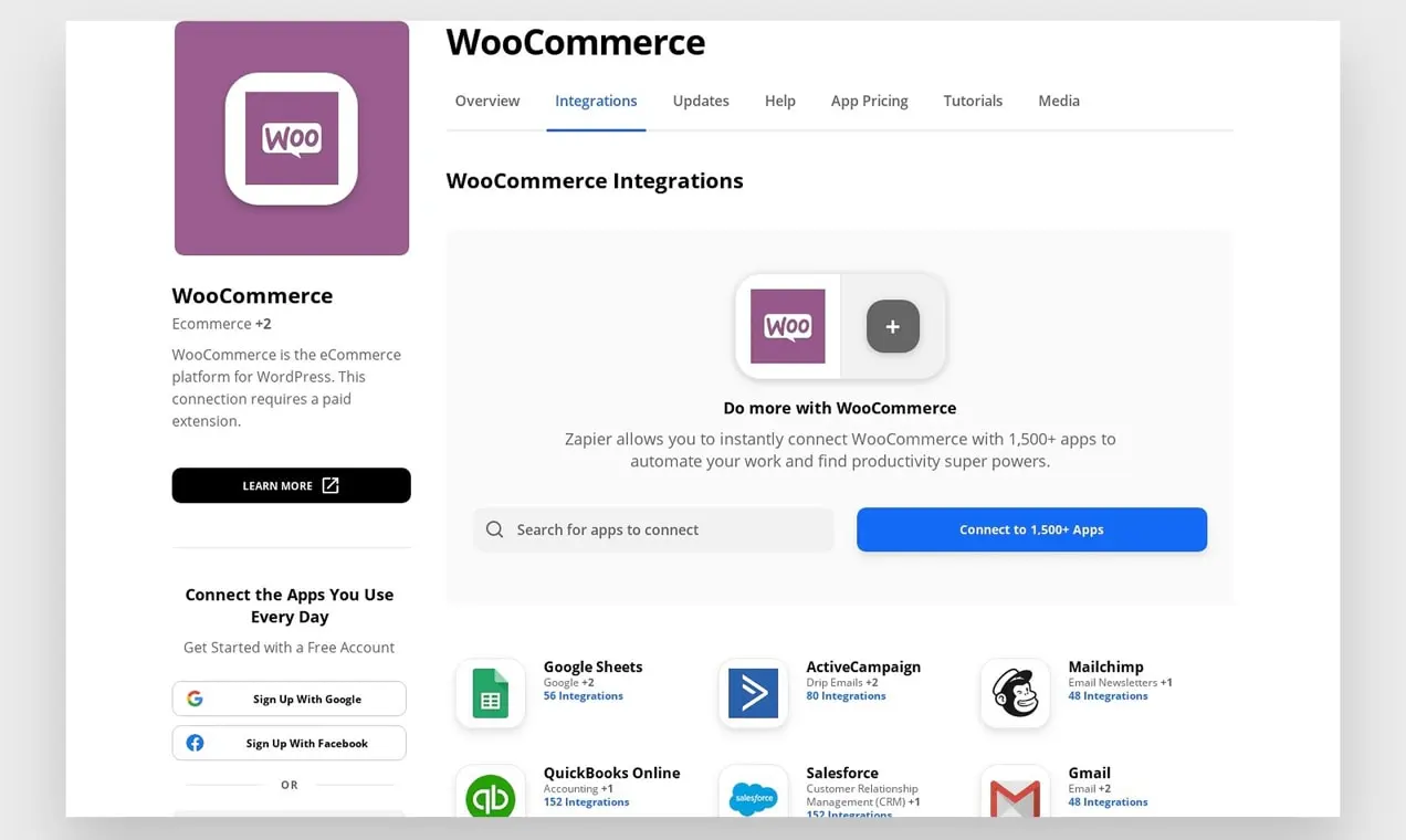 Strona integracji WooCommerce firmy Zapier.