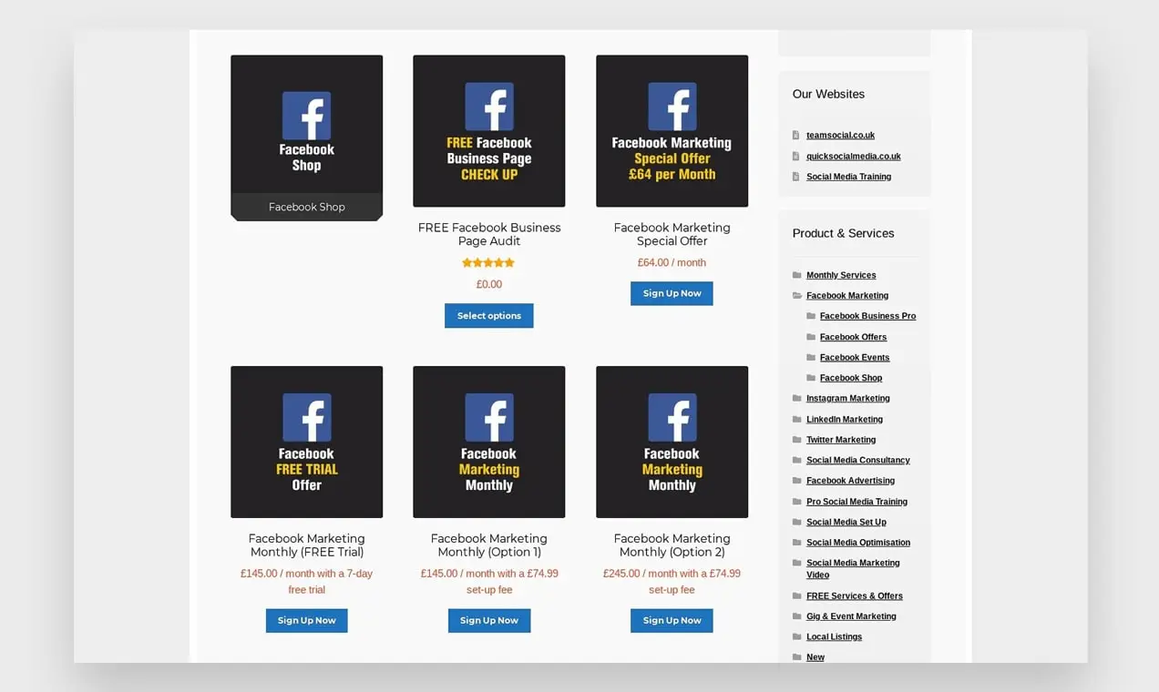 Zrzut ekranu strony kategorii produktów z Team Social