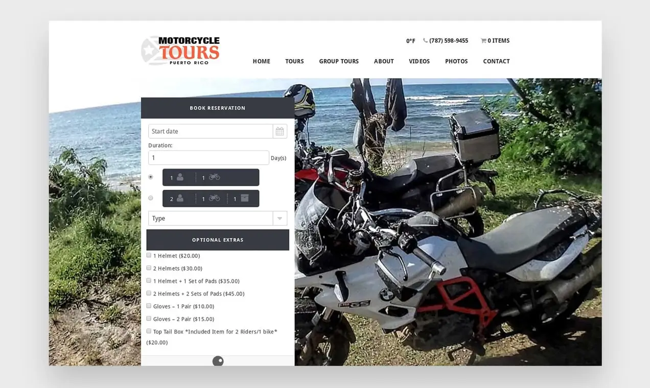 Zrzut ekranu strony rezerwacji od firmy zajmującej się wycieczkami motocyklowymi