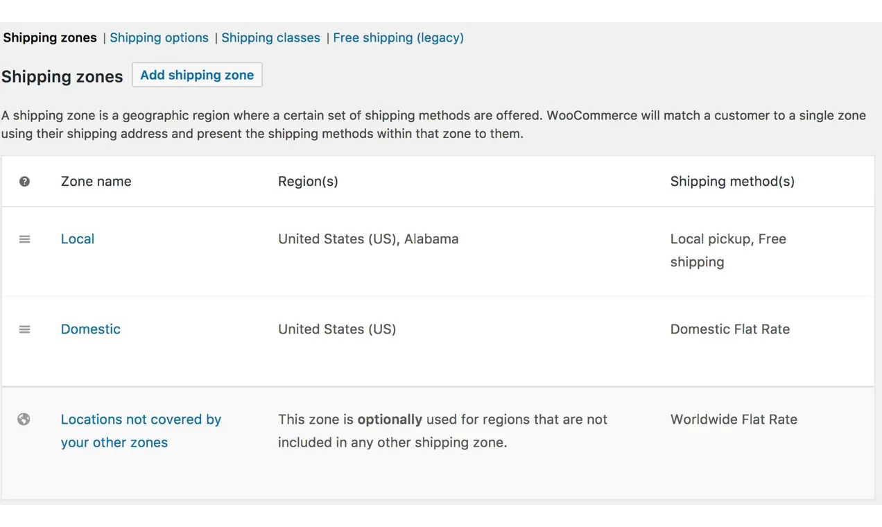 Zrzut ekranu ustawień stref wysyłki z WooCommerce