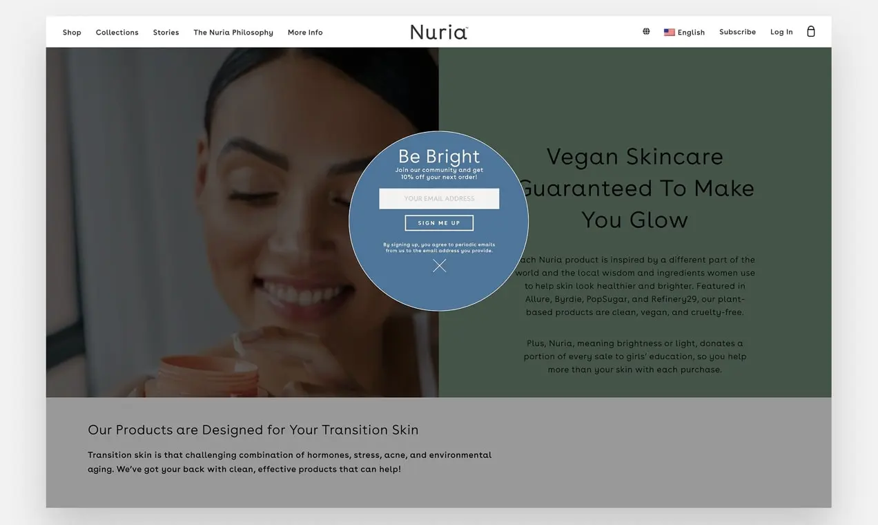 Zrzut ekranu z Nuria Beauty przedstawiający niebieskie wyskakujące okienko z przechwytywaniem wiadomości e-mail.