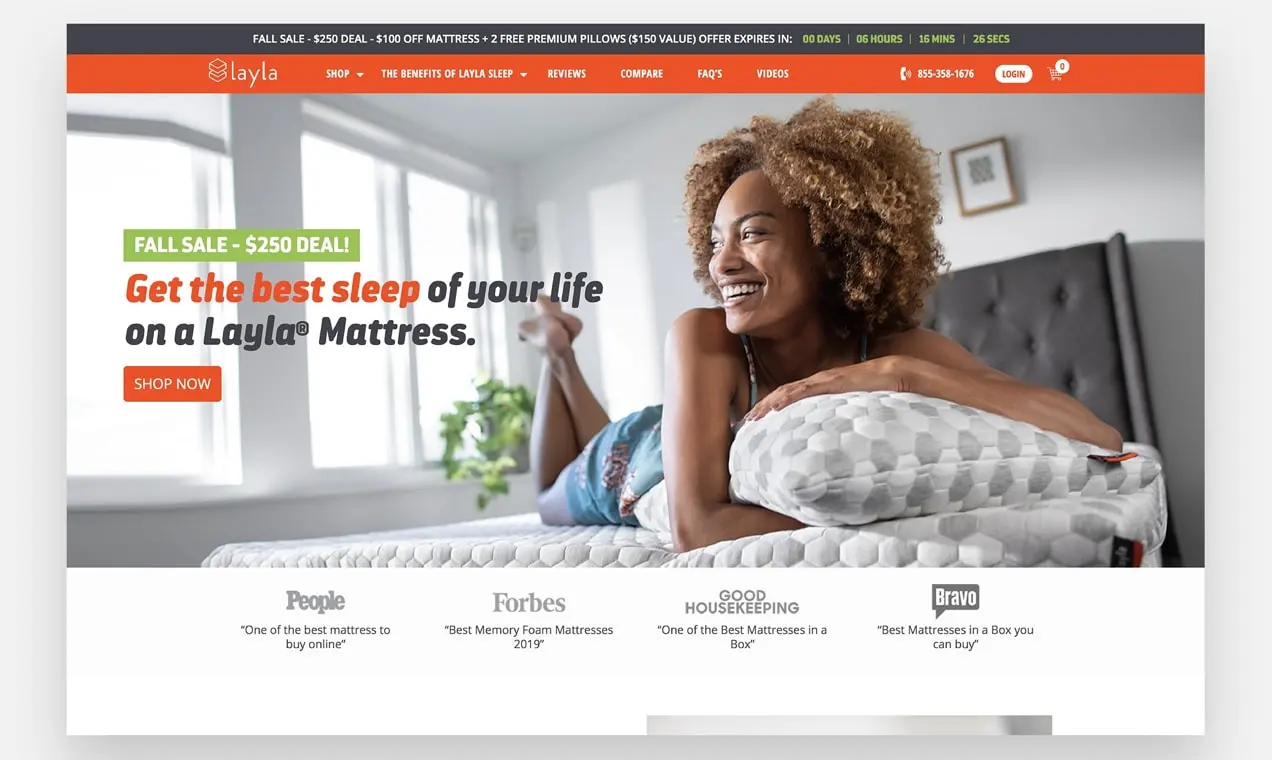Zrzut ekranu z Layla Mattress przedstawiający górny pasek z odliczaniem