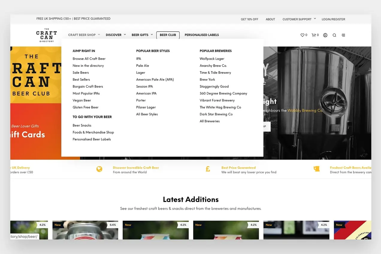 Zrzut ekranu z katalogu Craft Can Directory pokazujący ich mega menu.