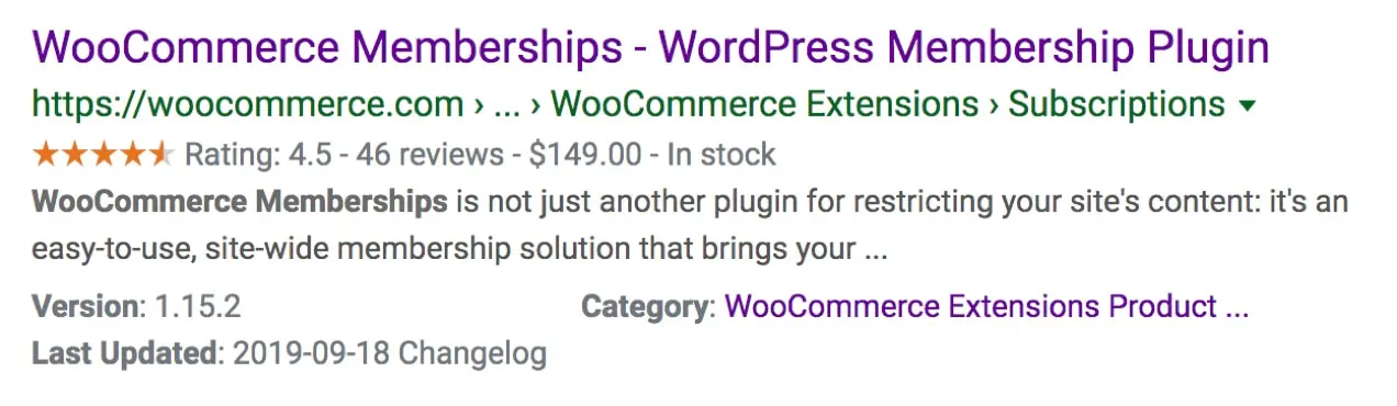 exemplo de pesquisa para associações do WooCommerce mostrando marcação de esquema