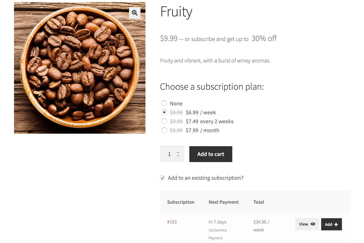przykład strony produktu z rozszerzeniem Wszystkie produkty dla subskrypcji WooCommerce