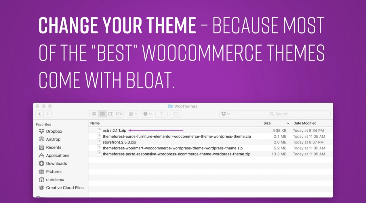 Slajd porównujący rozmiary plików kilku popularnych motywów WooCommerce.