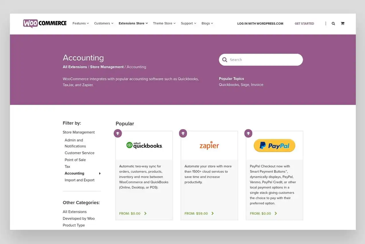 WooCommerce.com 上的会计扩展页面