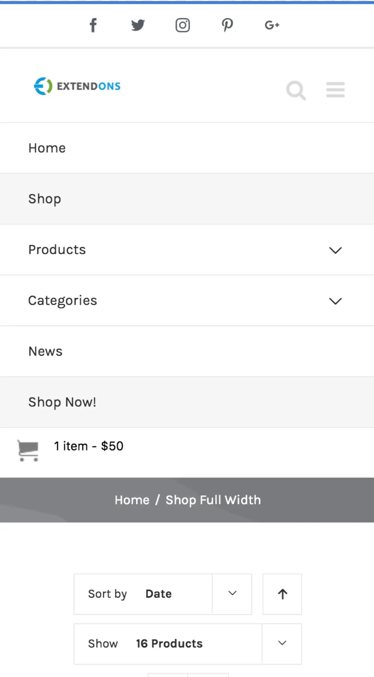 L'estensione Mini Cart in azione, che mostra un menu mobile