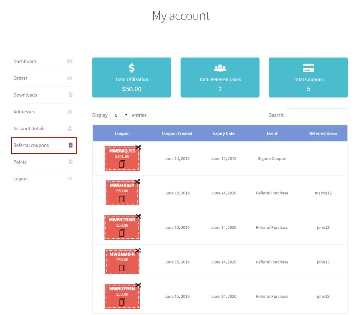لوحة معلومات العميل لتمديد برنامج إحالة الكوبون ، والتي يمكن أن تساعد في زيادة حركة الإحالة