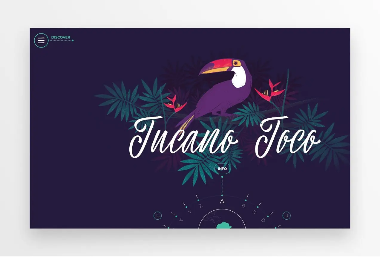 Sitio web de Amazonia Font con diseño tropical y rueda interactiva
