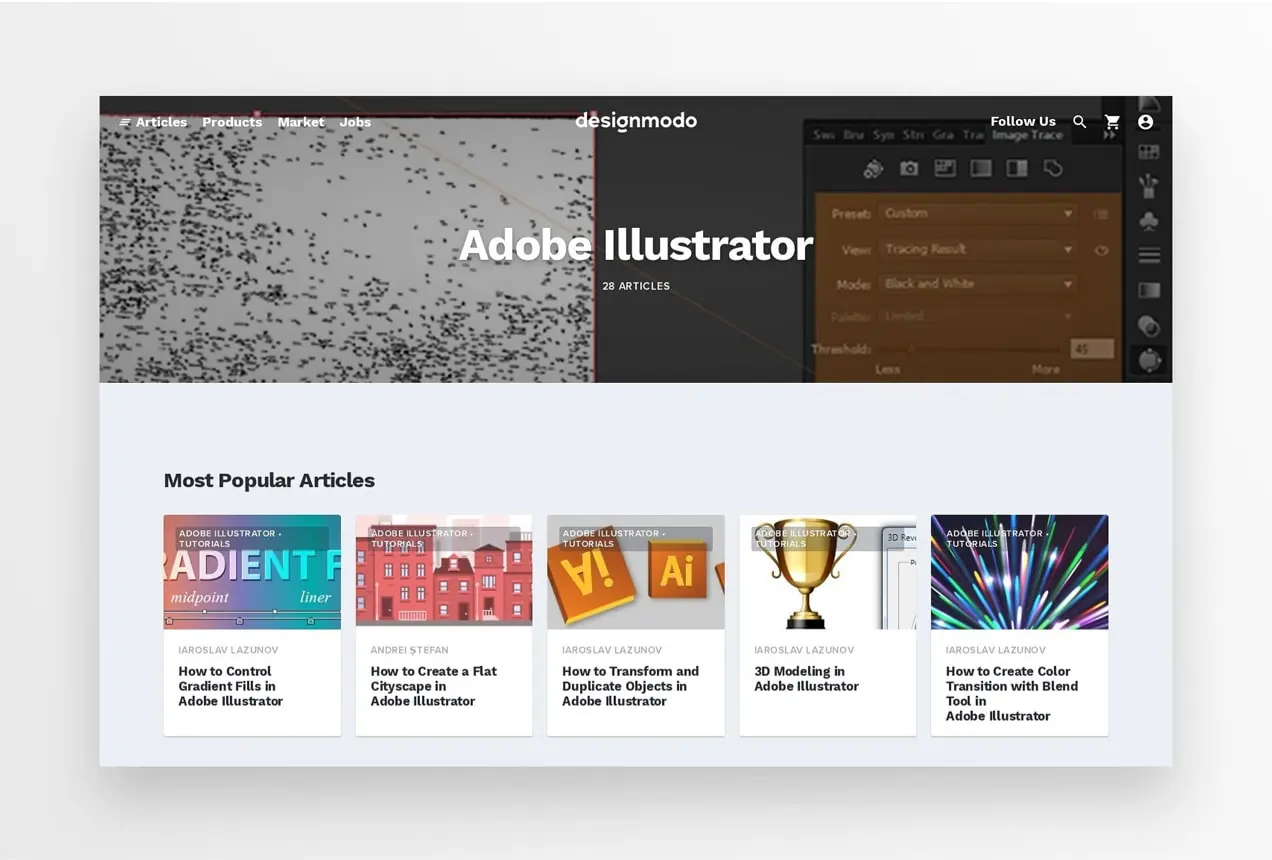 Blog de Designmodo con feed de publicaciones de Adobe Illustrator