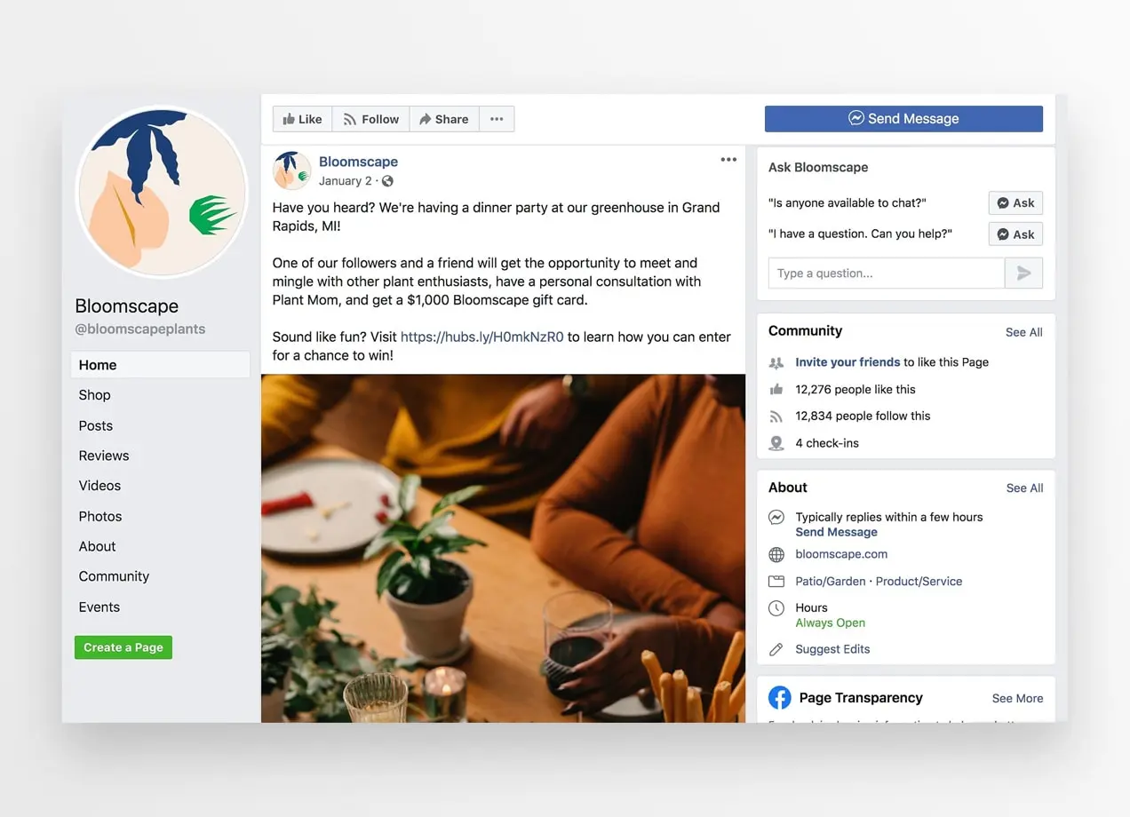 Bloomscape Facebook 頁面,提供比賽機會