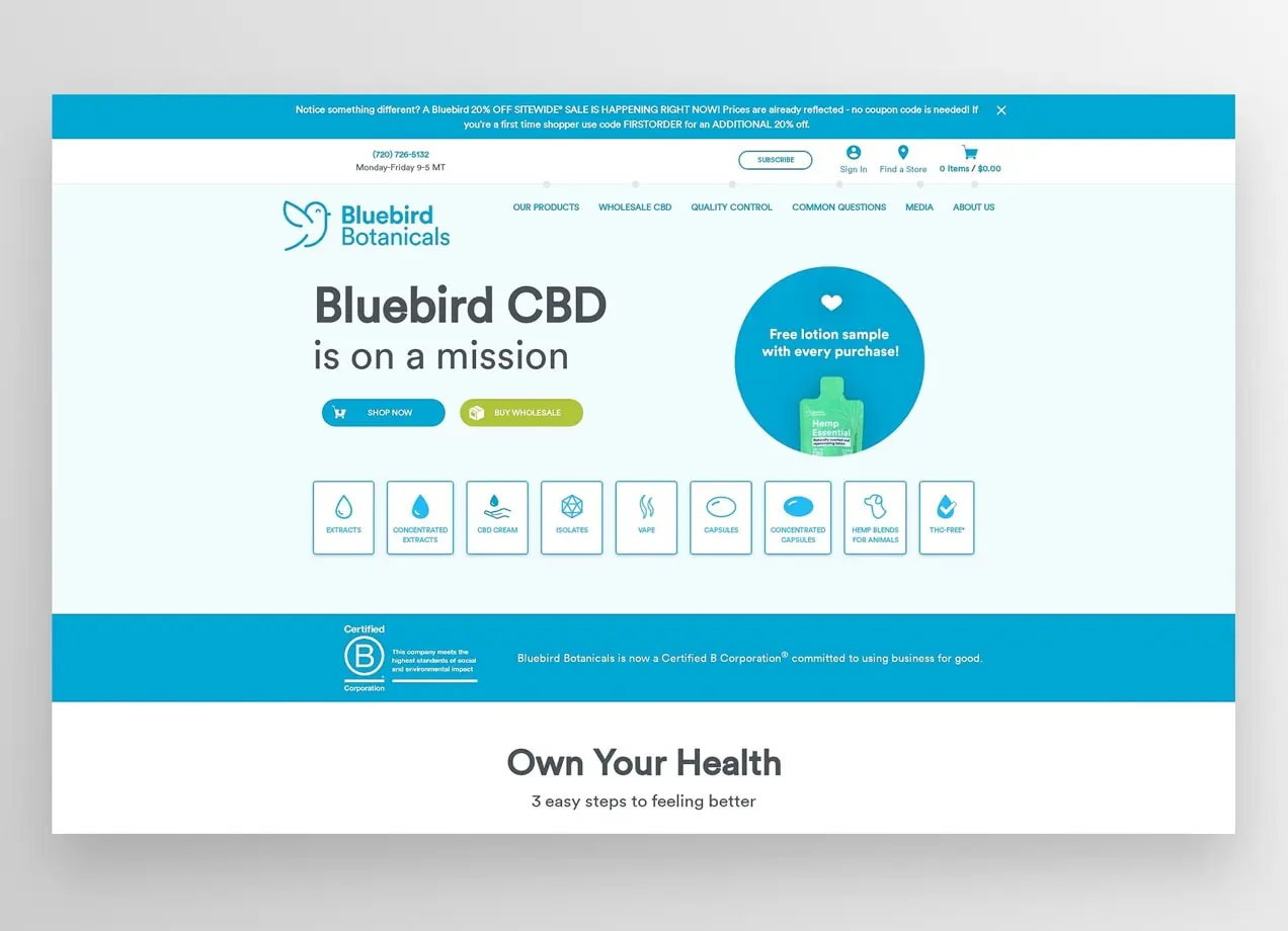 Домашняя страница Bluebird CBD, продажа CBD с помощью WooCommerce