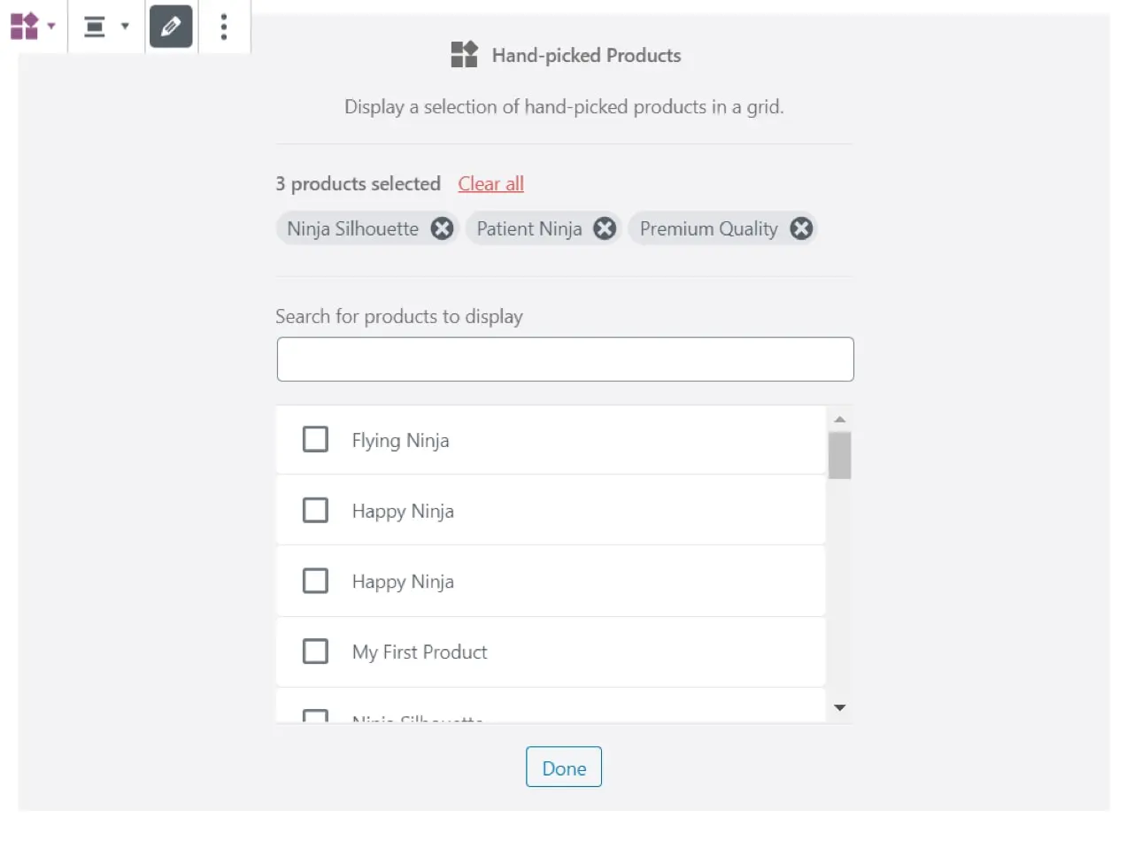 captura de pantalla que muestra opciones para productos cuidadosamente seleccionados