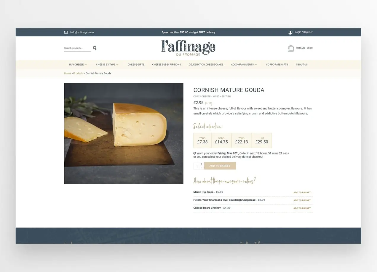 Página de productos de L'affinage con descripciones claras de los productos