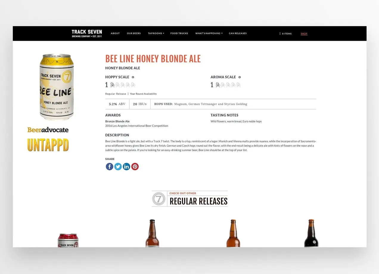 Página del producto Bee Line Honey Blonde Ale con una descripción detallada del producto