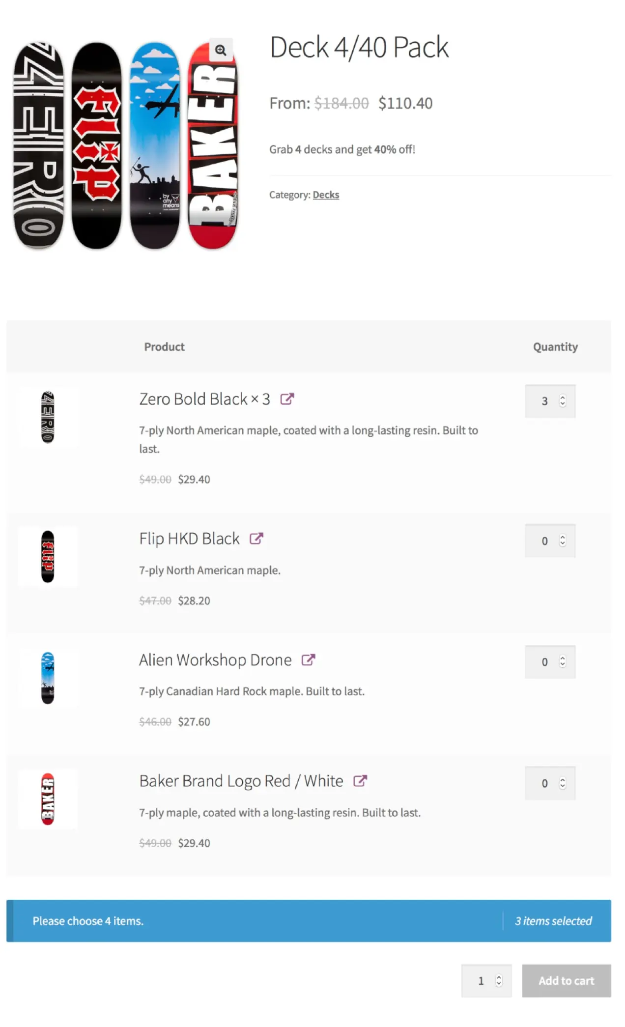 Extensión de WooCommerce Product Bundles que muestra un paquete de cuatro patinetas