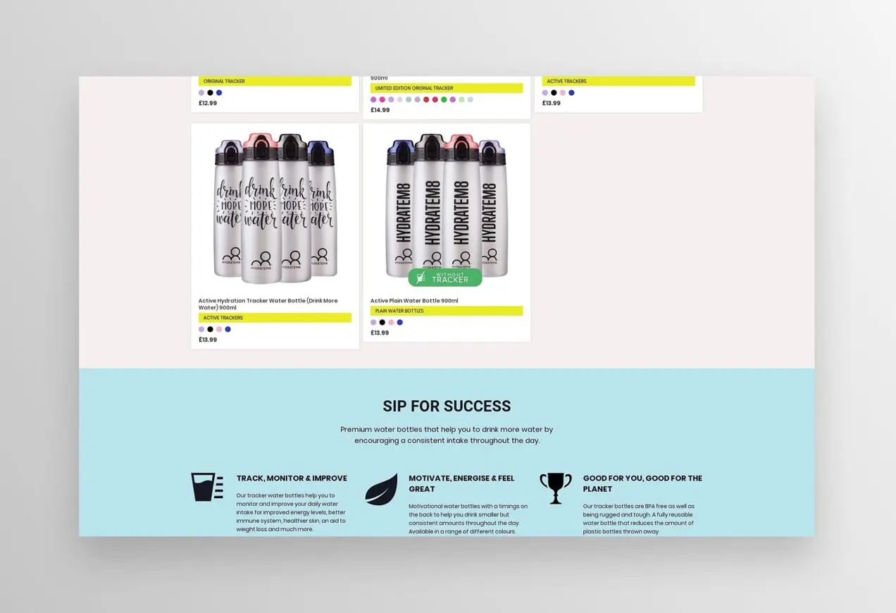Sitio web de Hydratem8 con productos mostrados en una cuadrícula