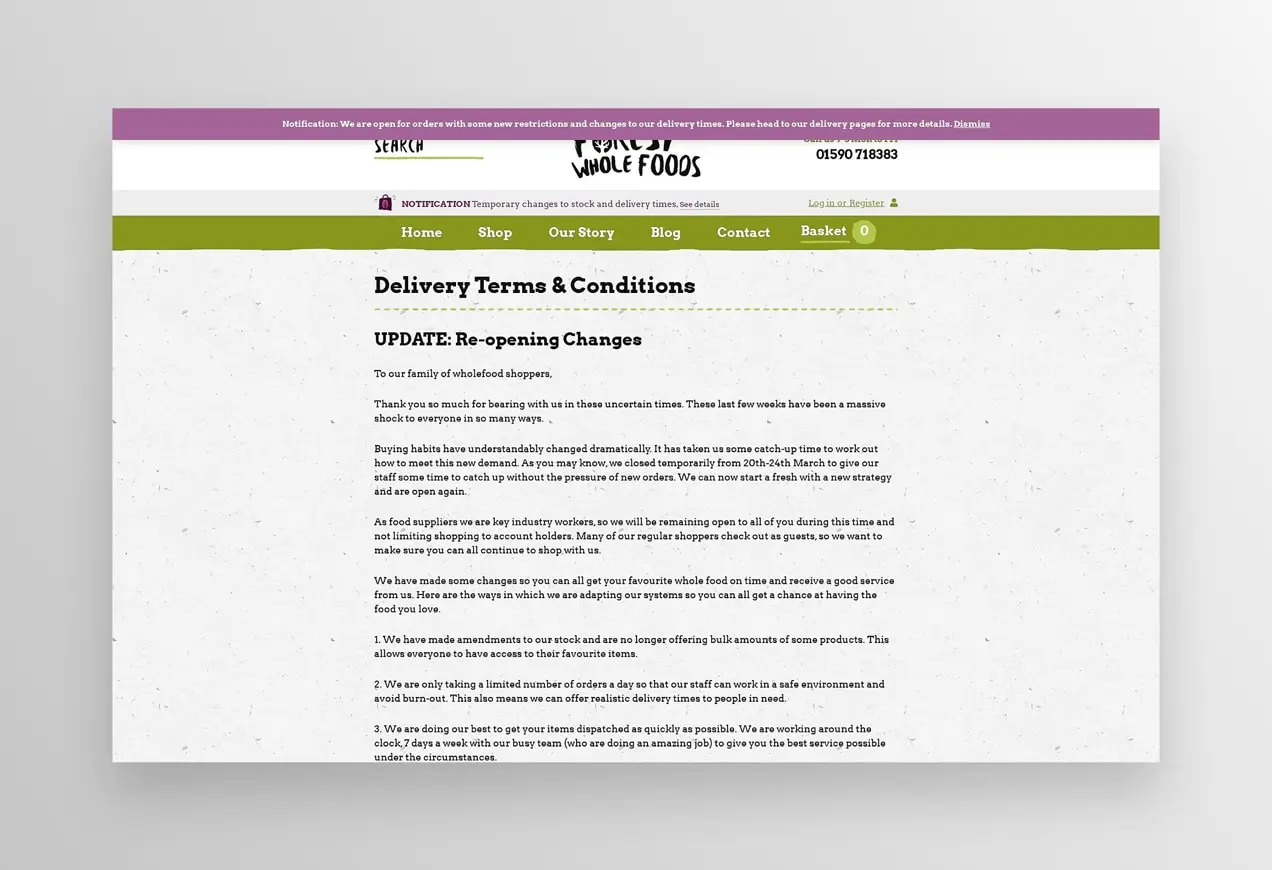 página de entrega del sitio web de Forest Whole Foods con términos y condiciones actualizados