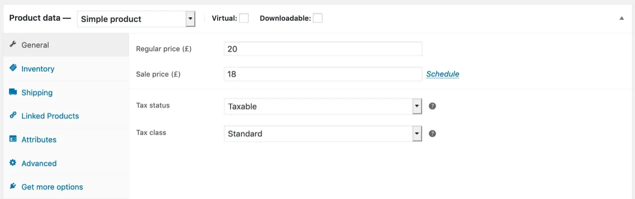 cuadro de datos del producto para un producto simple, con precio regular y precio de venta