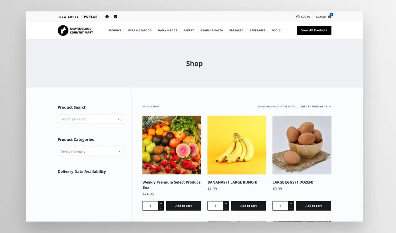 Página de la tienda de New England Country Mart con productos enumerados en una cuadrícula