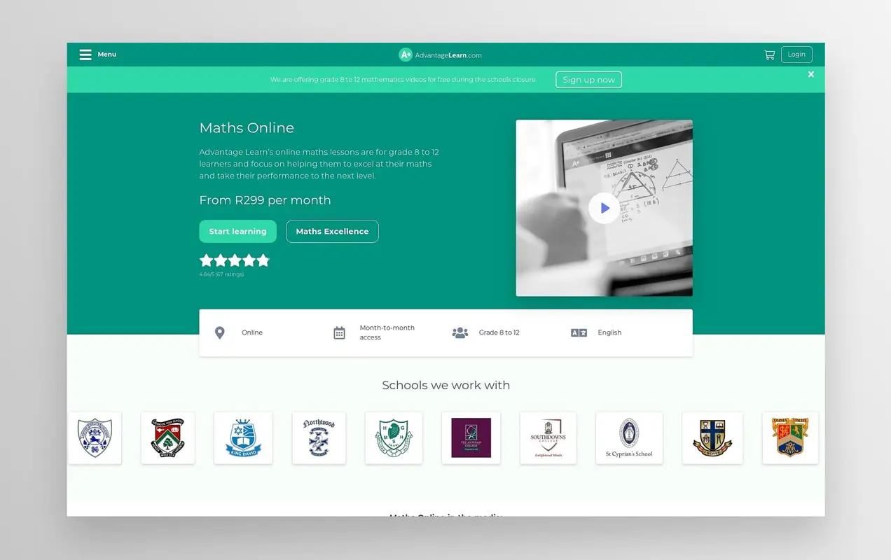 halaman arahan kursus online Matematika dari Advantage Learn